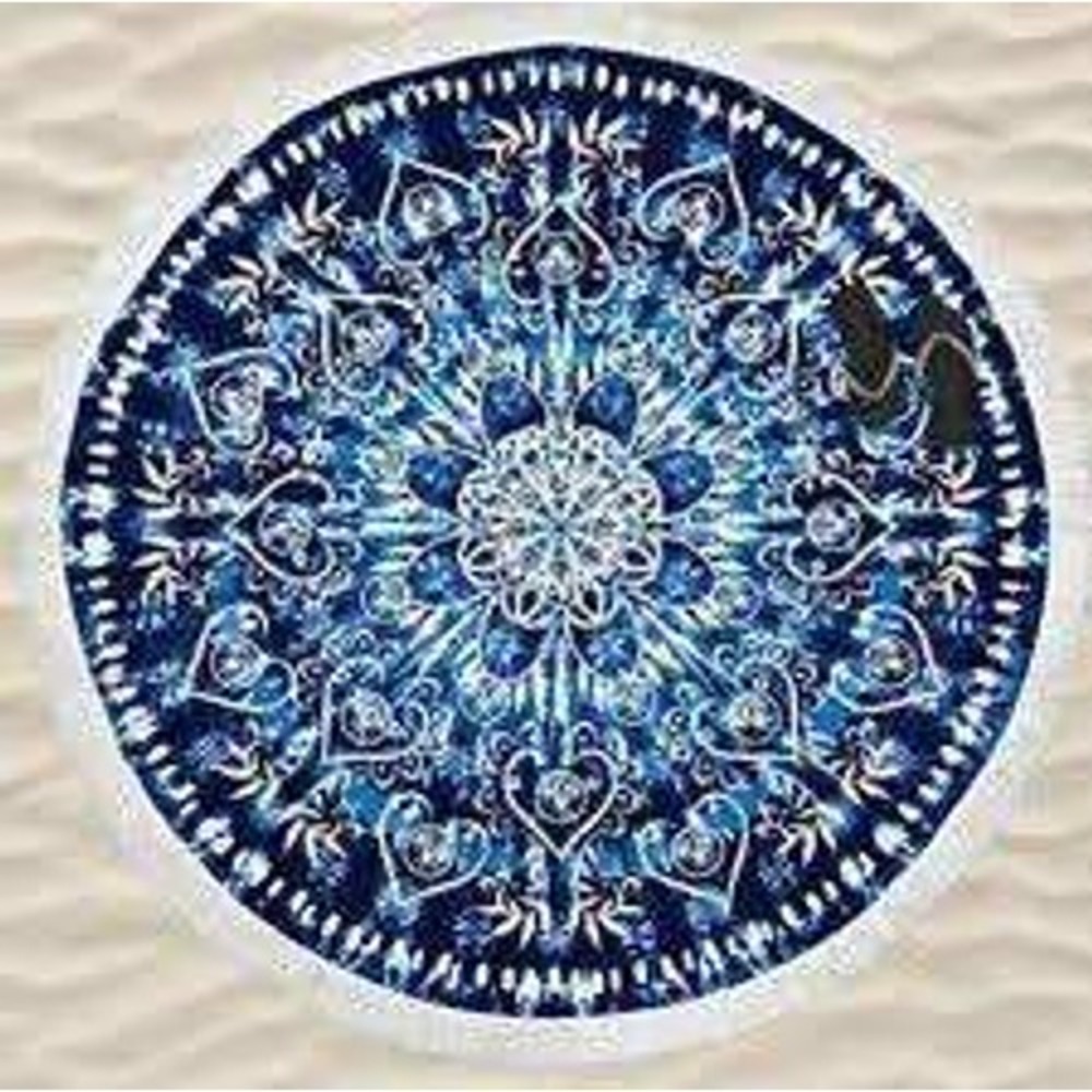 Loft Q by Loftex Round Beach Towel Blue White Mandala Fringe 100% Cotton aqua XL